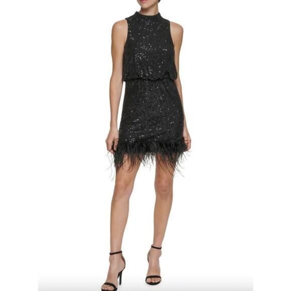 Eliza J Feather Sequin Mini Cocktail Dress Size 10 Black NEW $248 Sleeveless - Picture 1 of 9